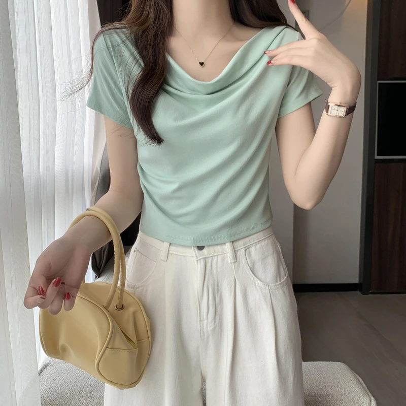 设计感小众修身短袖T恤女夏季新款辣妹纯欲修身短款高腰百搭上衣