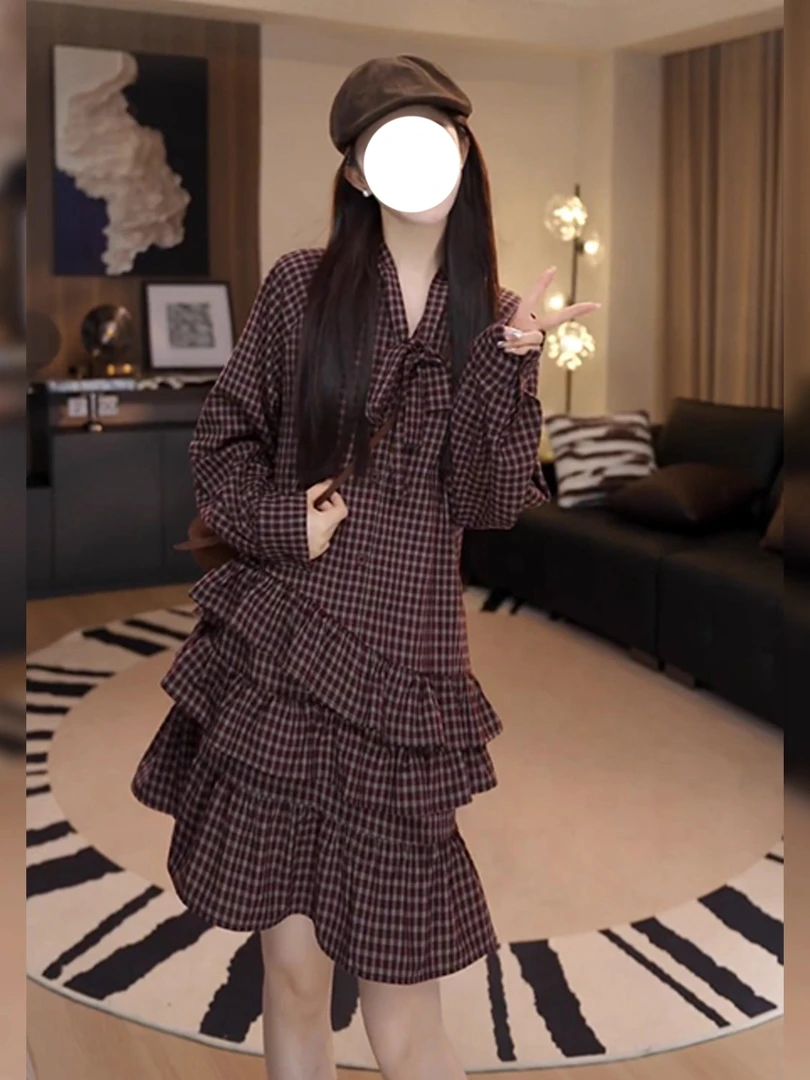 学院风气质辣妹绑带格子衬衫连衣裙女装2025秋季新款休闲a字短裙