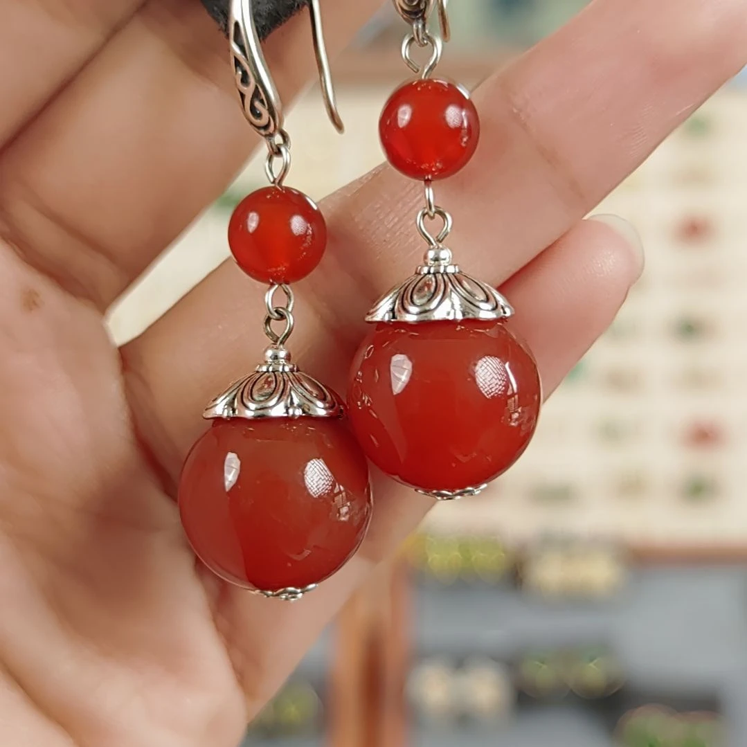 玛瑙手饰银S925镶嵌耳饰