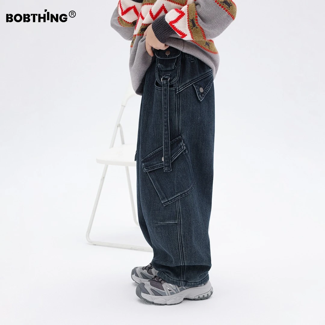 织带装饰男童冬季一体绒工装牛仔裤儿童加厚保暖长裤童装休闲裤子