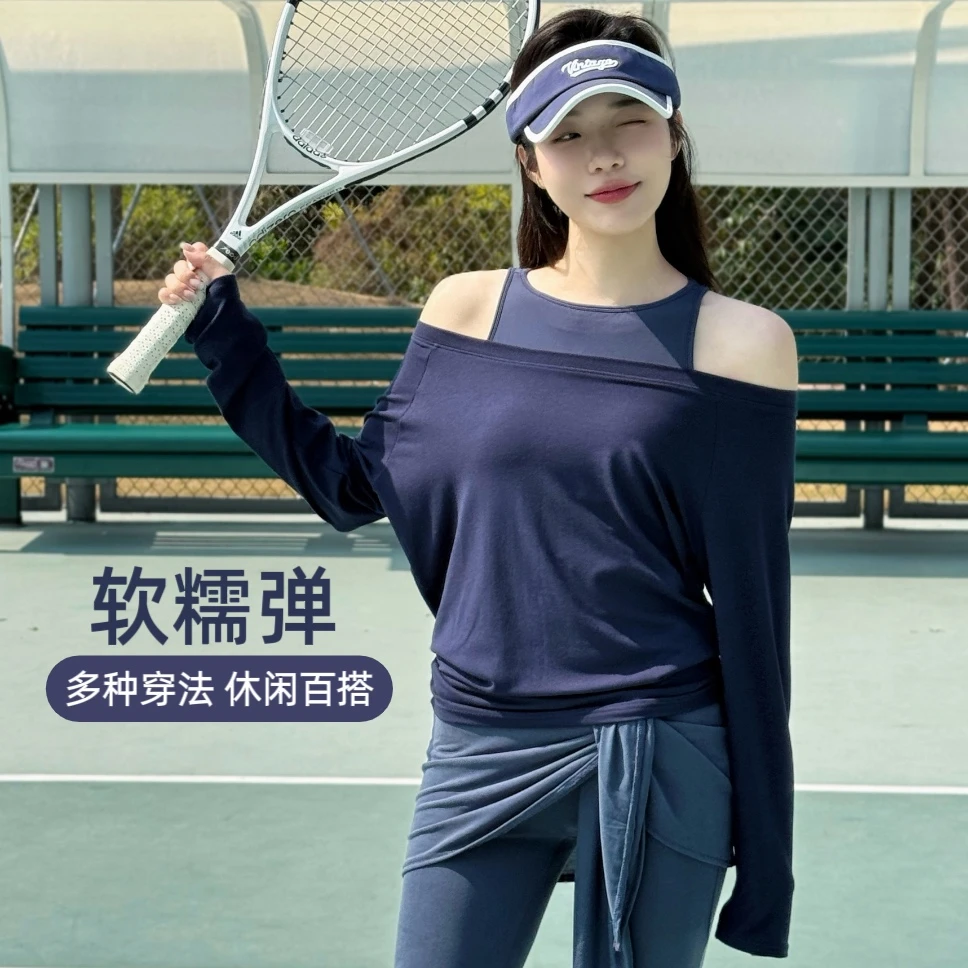 YEUNGSUKHAN三穿软软tee 休闲宽松一字肩瑜伽长袖 透气普拉提斜肩