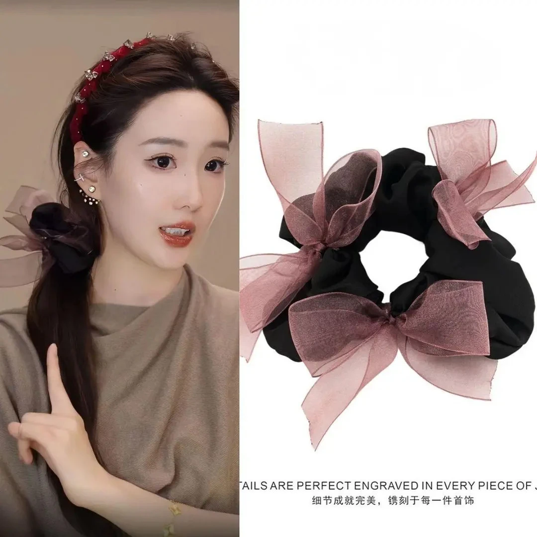 温柔缎面蝴蝶结发绳超出片温柔飘带蝴蝶结缎面发绳精致优雅发绳~