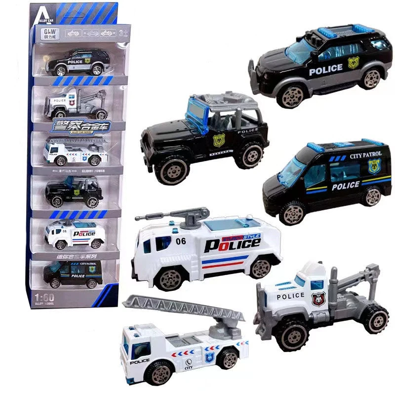 钢力威迷你合金滑行6只装儿童男孩 仿真锌合金玩具警察车警车白色
