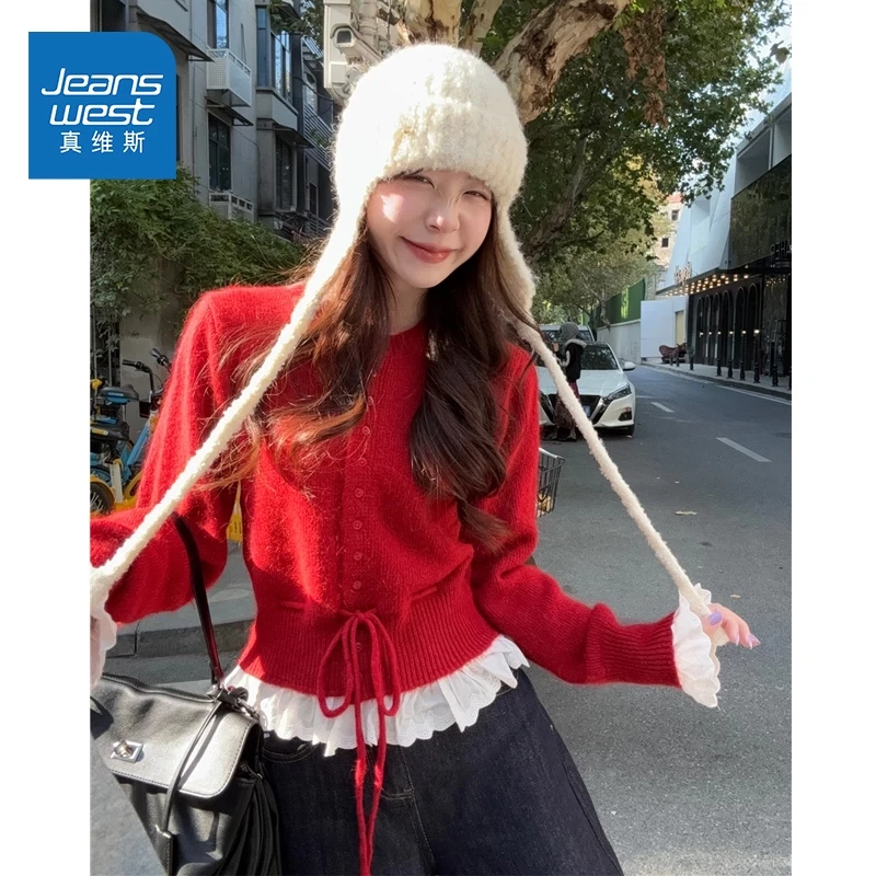 真维斯秋冬纯欲慵懒风花边撞色毛衣女收腰针织开衫精致漂亮小衫H
