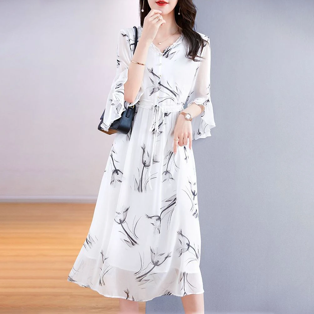 杭州大牌真丝水墨画印花连衣裙2025夏季新款宽松显瘦气质贵夫人裙