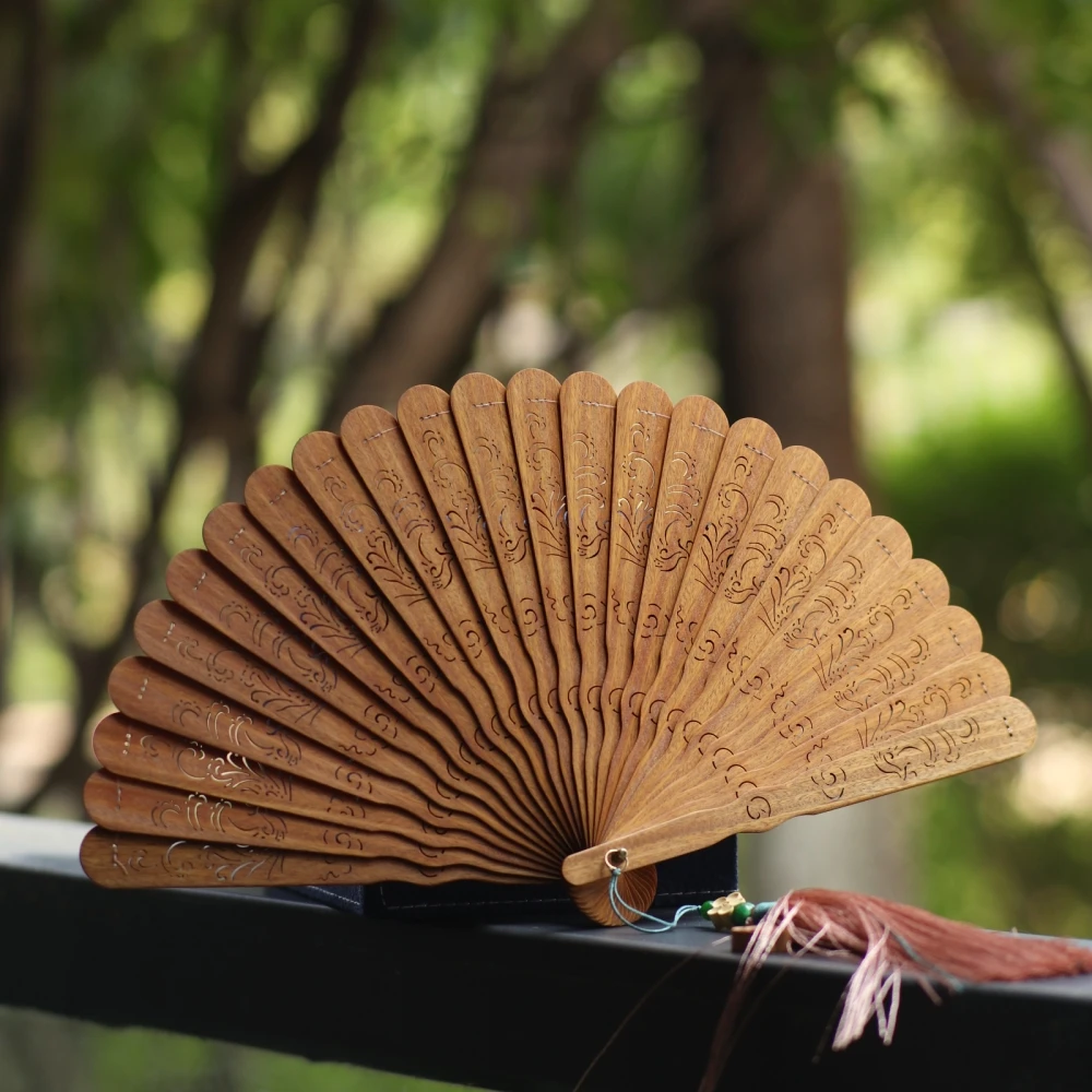 隐木【有凤来仪】绿檀木中式扇子手工木扇饰品