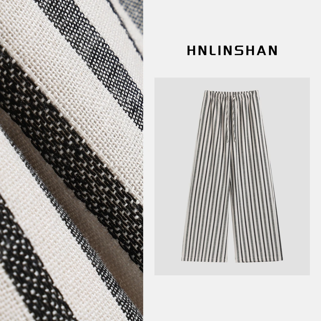 HNLINSHAN【素纹】竖条纹松紧腰亚麻抽绳阔腿裤BXK2013