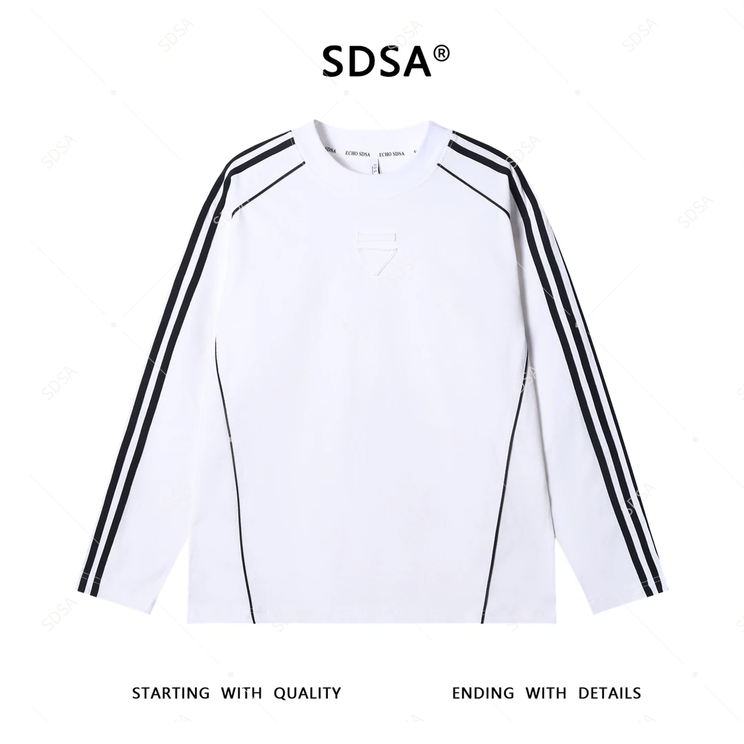 SDSA男士秋冬新款轻奢痞帅男装撞色3条杠倒三角圆领长袖T恤百搭潮