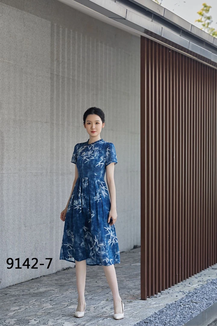 G9142-7夏季新款国风蓝色竹子印花连衣裙