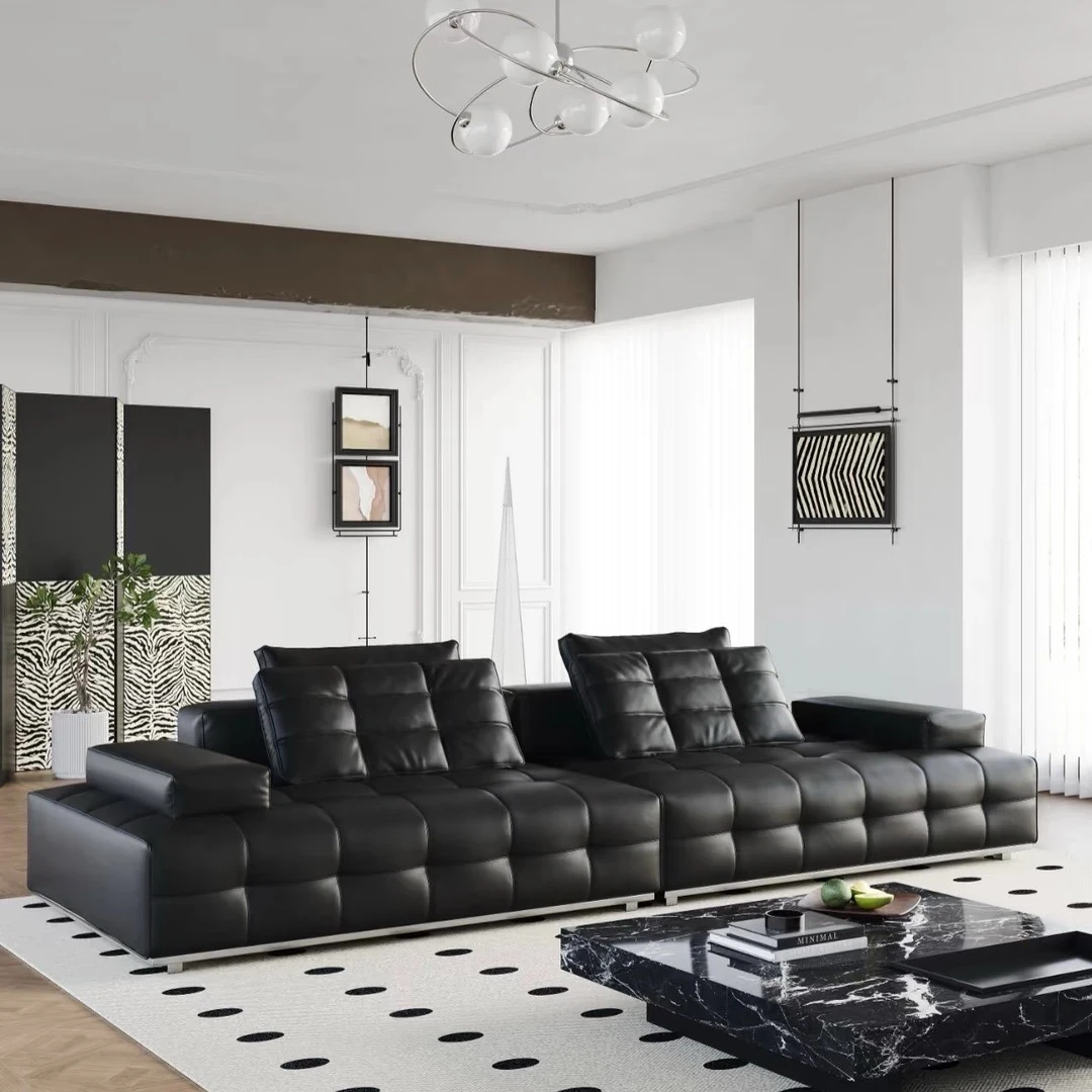【高定劳伦斯沙发】正版意式劳伦斯客厅家用别墅直排黑色真皮沙发
