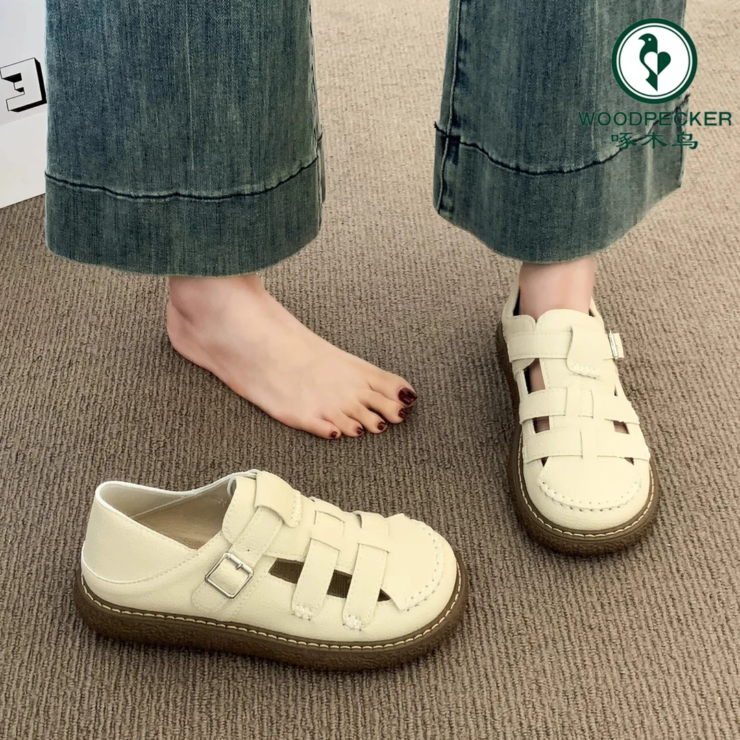 啄木鸟罗马凉鞋女软底2025新款夏季包头沙滩洞洞鞋镂空勃肯半拖鞋