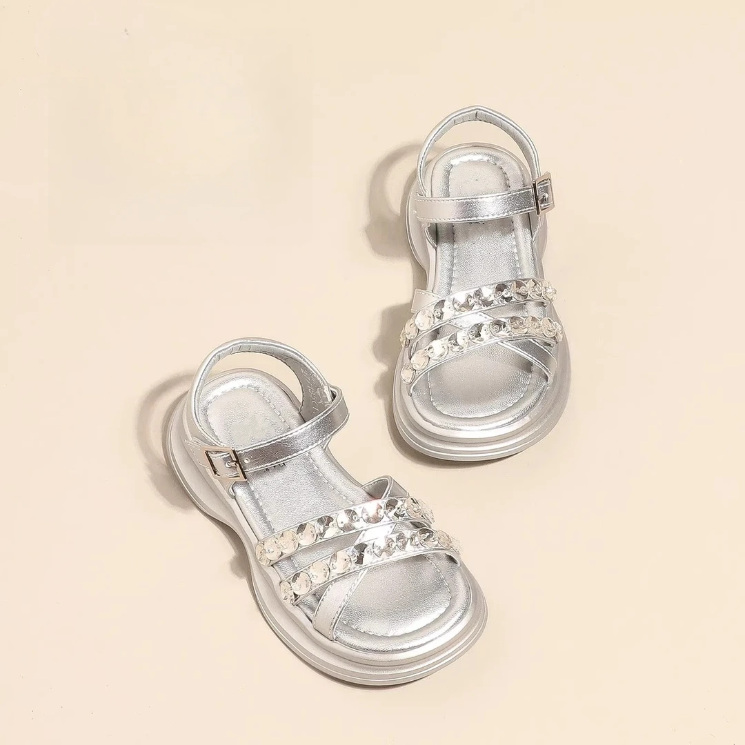 ABCYEEF女童凉鞋2025年新款夏儿童公主鞋女宝软底水晶露趾沙滩鞋