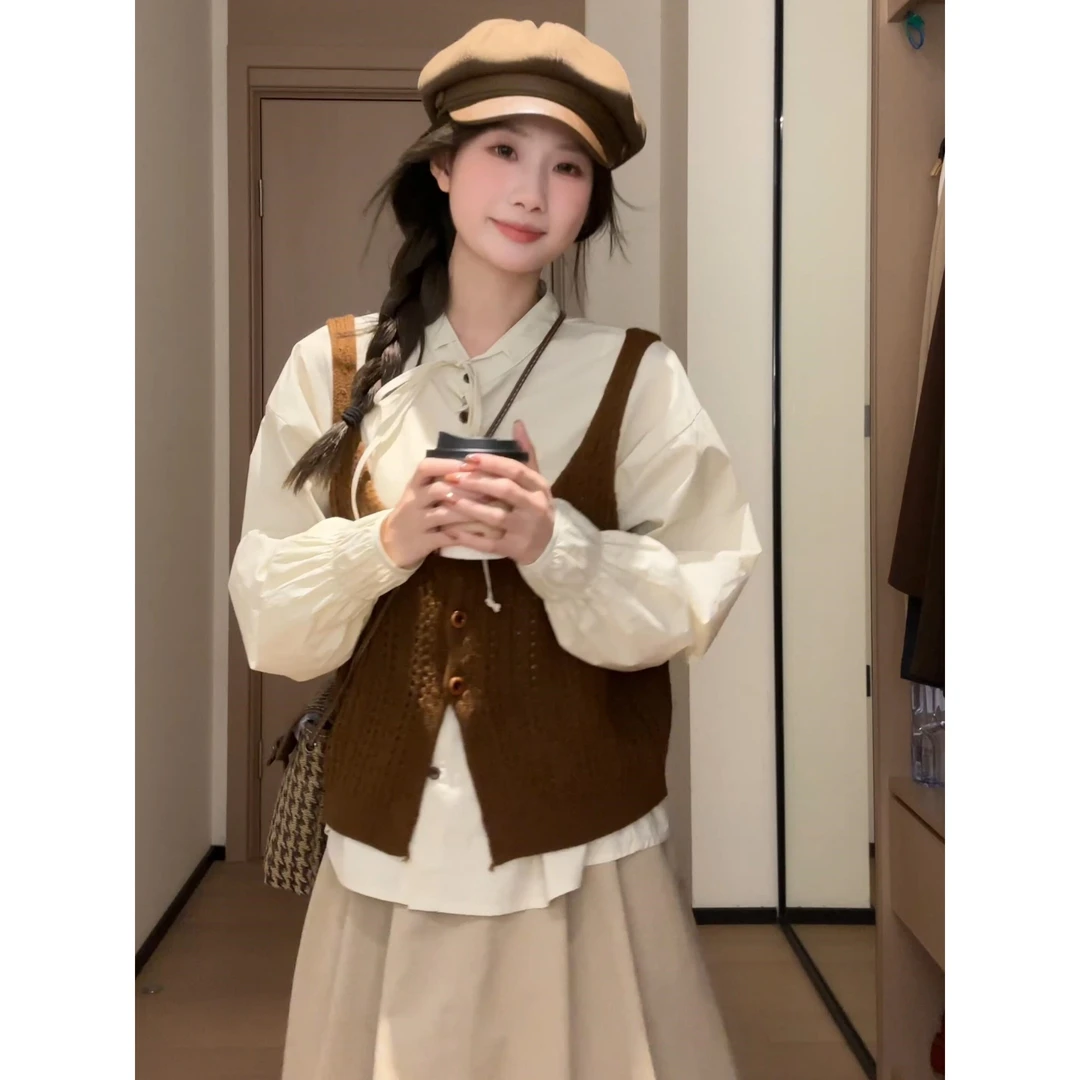 MARIE.COCO把糖炒栗子穿上身氛围感衬衫叠穿马甲上衣半身裙三件套