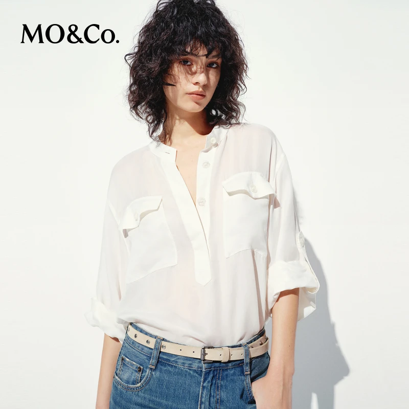 MOCO衬衣2025夏新品砂洗雾面铜氨丝工装亨利领袖袢上衣MBE2TOP023