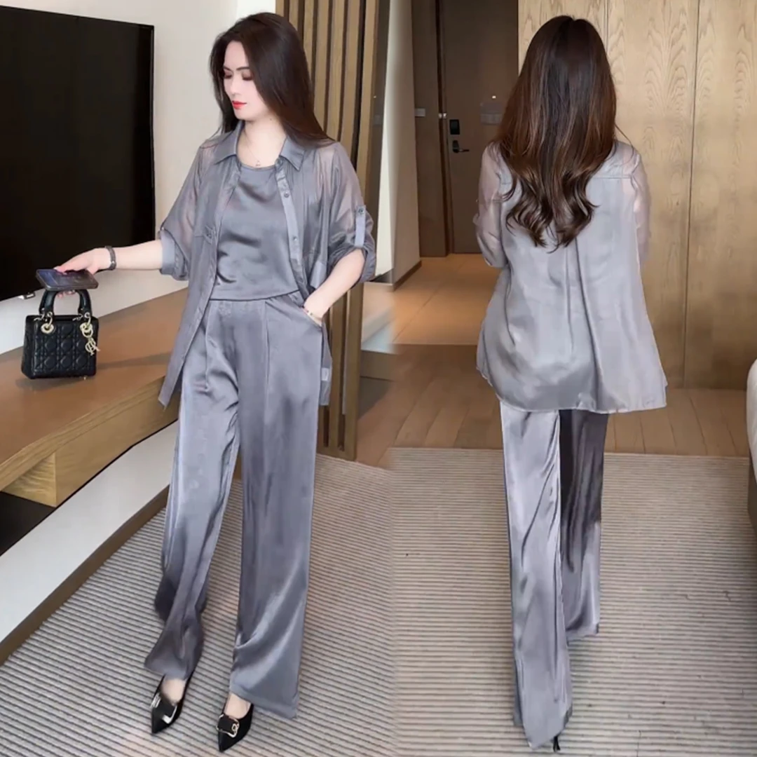 时尚洋气防晒长袖套装女夏季新款气质韩版防晒衬衣阔腿裤三件套潮