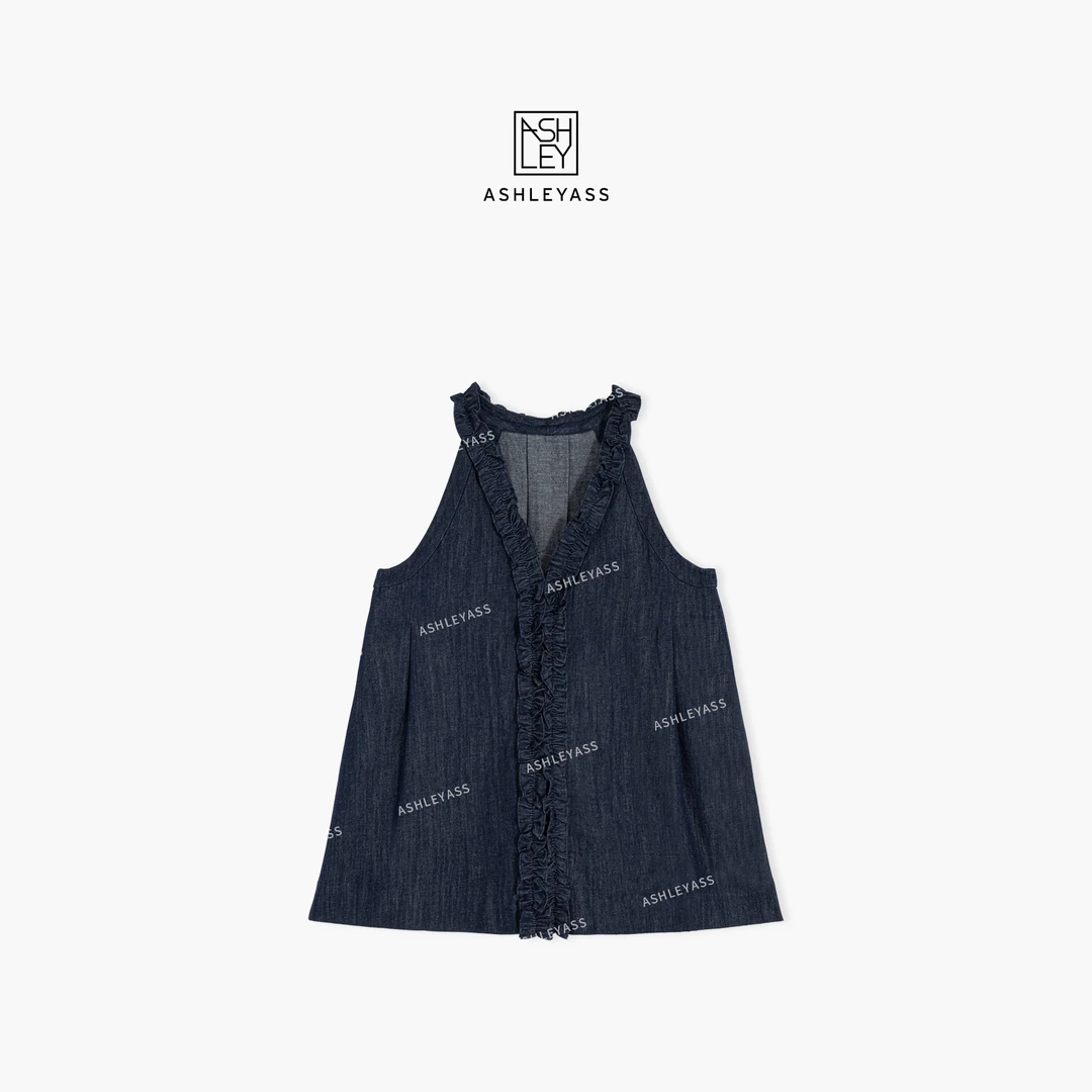 ashleyass“赫拉背心”浪漫挂脖A摆木耳领原牛蓝背心LSS250723C