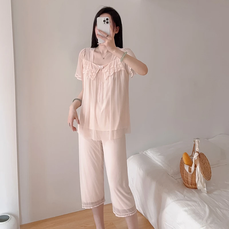 苏雅婷薄款夏季短袖睡衣套装蕾丝花边莫代尔七分裤气质休闲家居服