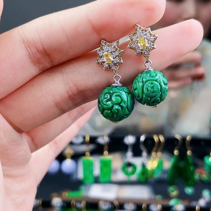 翡翠耳饰银S925镶嵌饰品