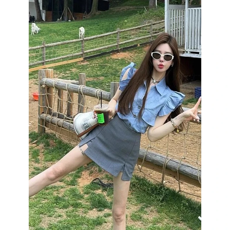 【甜心轰炸机】无袖衬衣套装女夏季V领飞飞袖衬衫拉链短裙子两件套