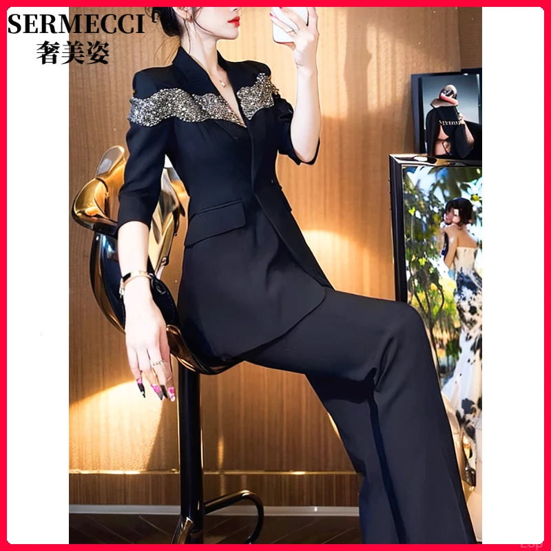 2025年春轻熟风穿搭独特设计高级感亮片拼接西装阔腿裤两件套装