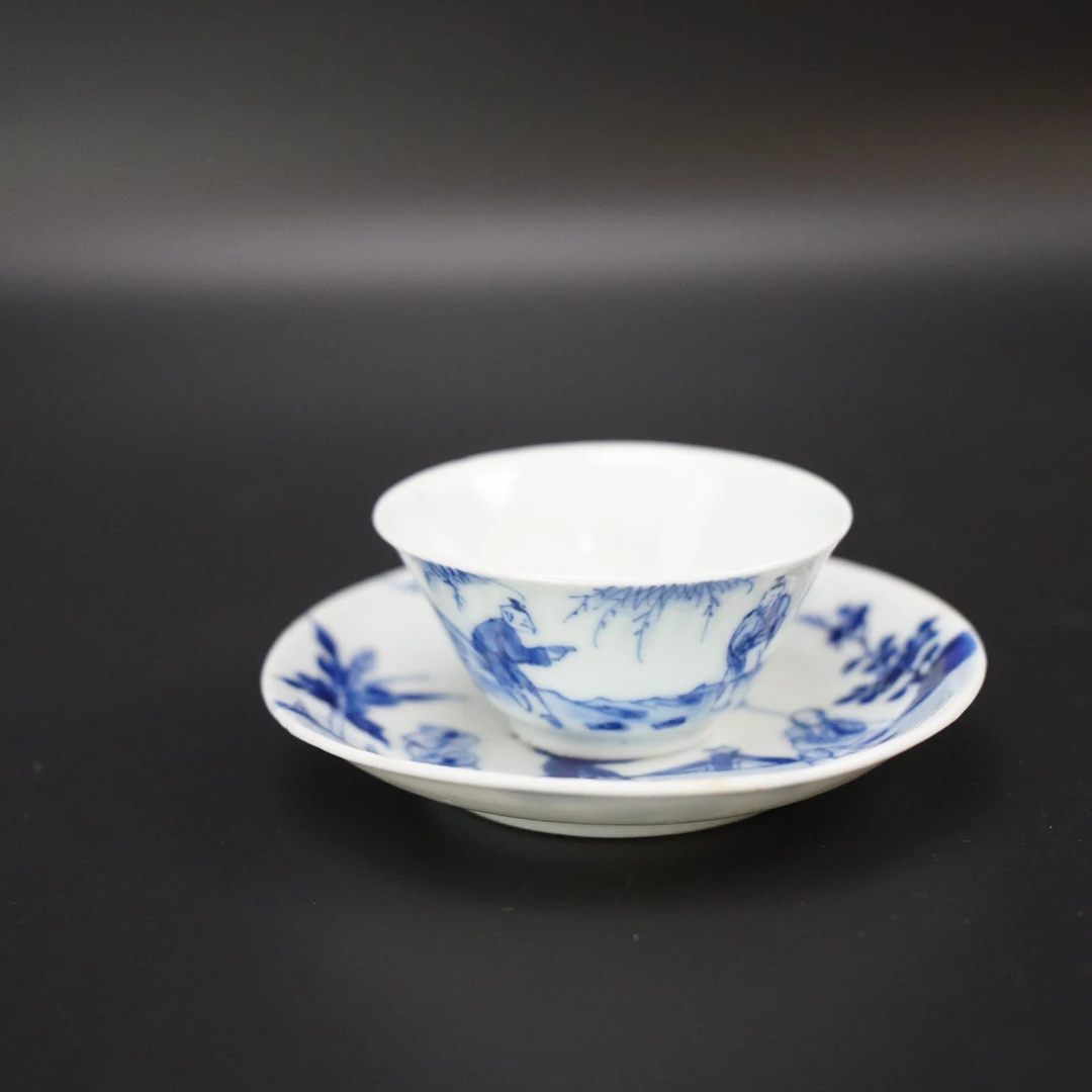 Lot.25110221清康熙青花婴戏图杯碟 杯高：约3.2cm