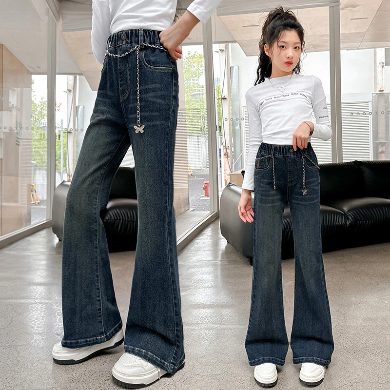 女童裤子牛仔喇叭裤春秋装新款中大童韩版洋气微喇裤秋季弹力裤潮