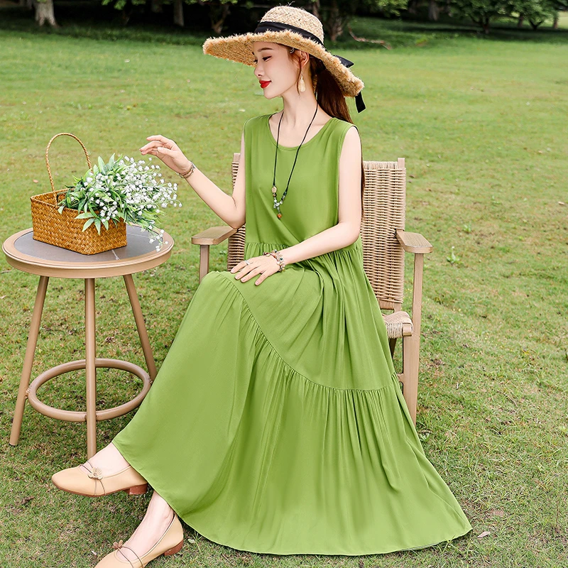 年轻款高端气质宽松棉绸连衣裙过膝长款沙滩裙大码碎花长裙子