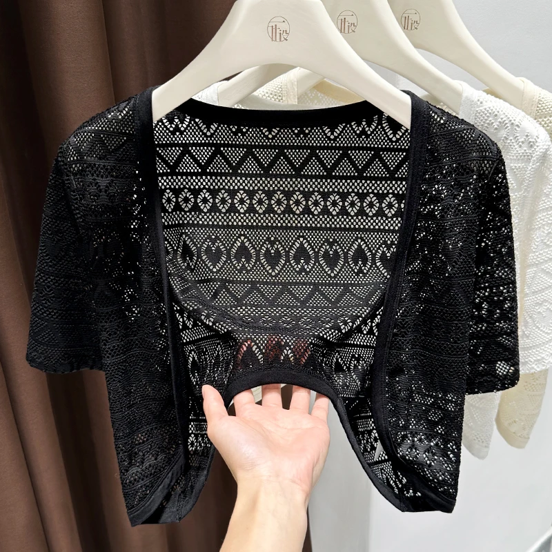 黑色镂空蕾丝短袖防晒开衫夏季气质显瘦冰丝外套配吊带裙外搭披肩