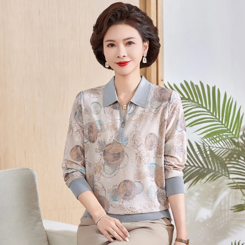 妈妈春装洋气针织宽松上衣翻领打底小衫40岁50中老年春秋长袖T恤