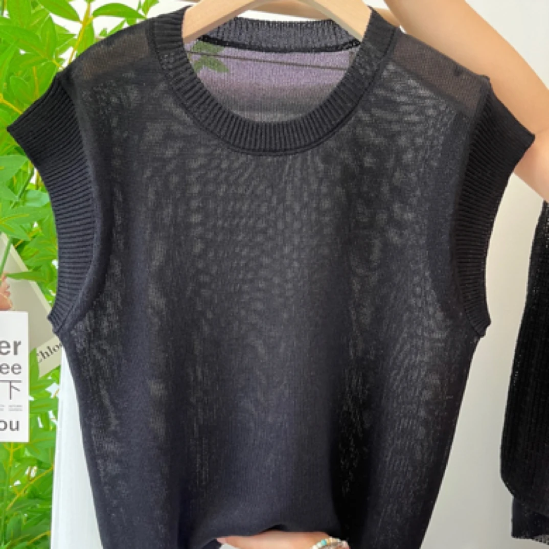 夏季冰丝亚麻清凉飞飞袖针织背心凉快透气舒适简约百搭女装