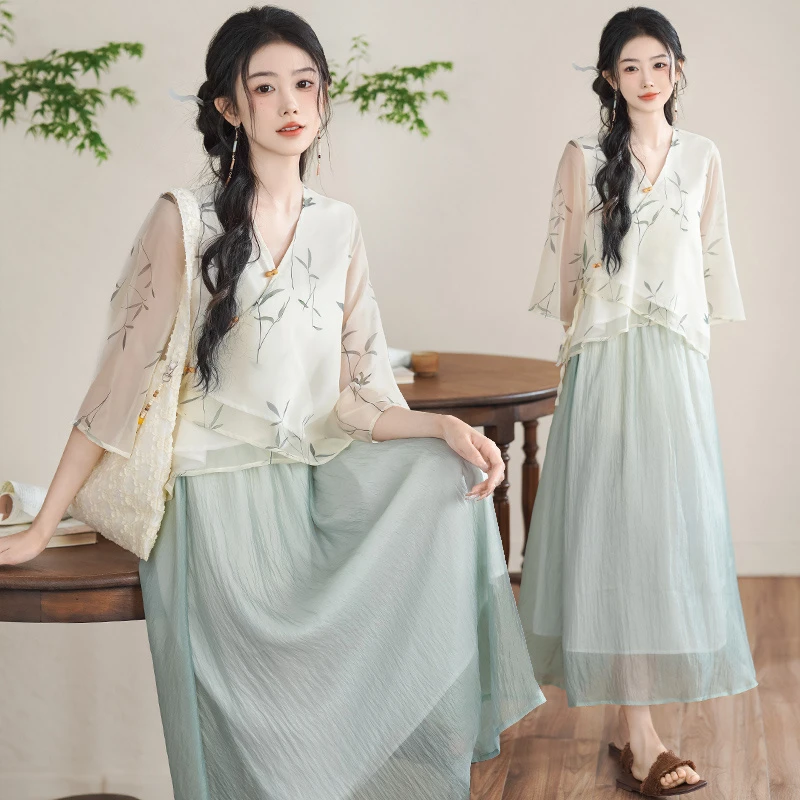 夏季新中式兰竹叶印花盘扣协襟V领七分袖改良复古上衣半身裙套装