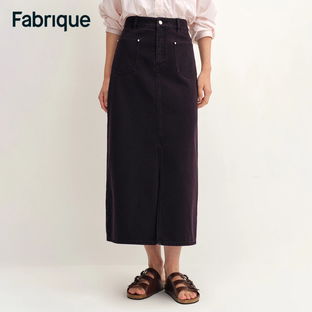 Fabrique Clo【主角丹宁】早秋新品黑醋栗水洗暗红直筒长款牛仔半裙