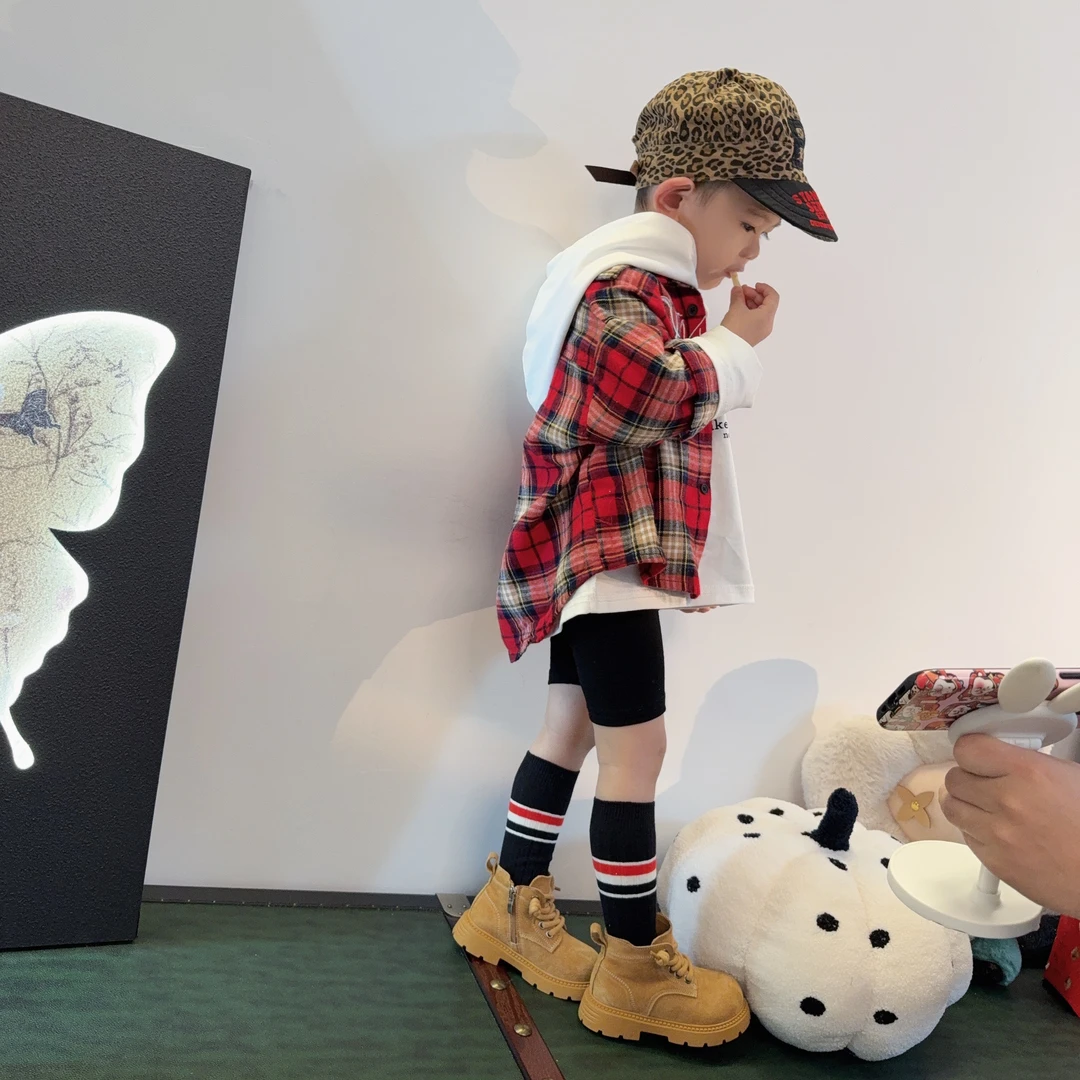 濮六六童装  男女童韩版潮酷字母刺绣红格子磨毛衬衣开衫