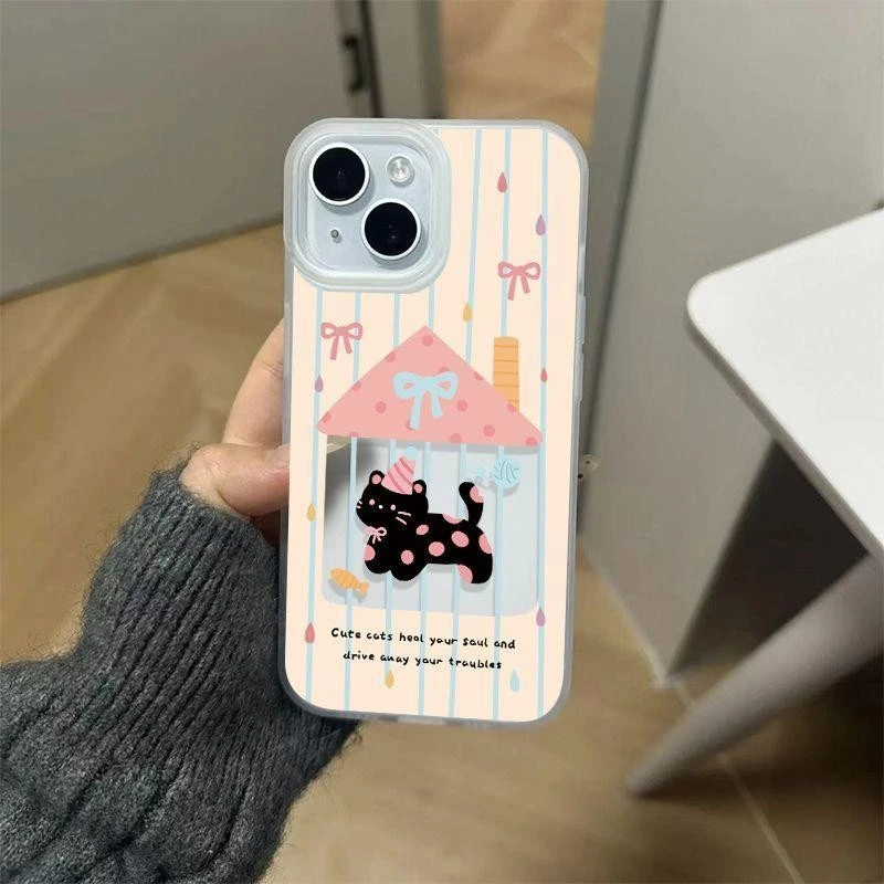 雨滴波点黑猫适用苹果16PROMAX手机壳iPhone15大孔14磨砂13软壳12