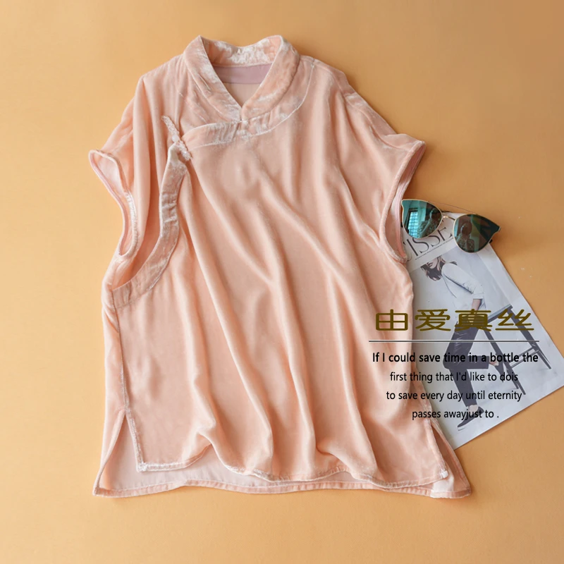 2025新款真丝丝绒上衣女短袖立领盘扣国风衬衫新中式上衣女中长款