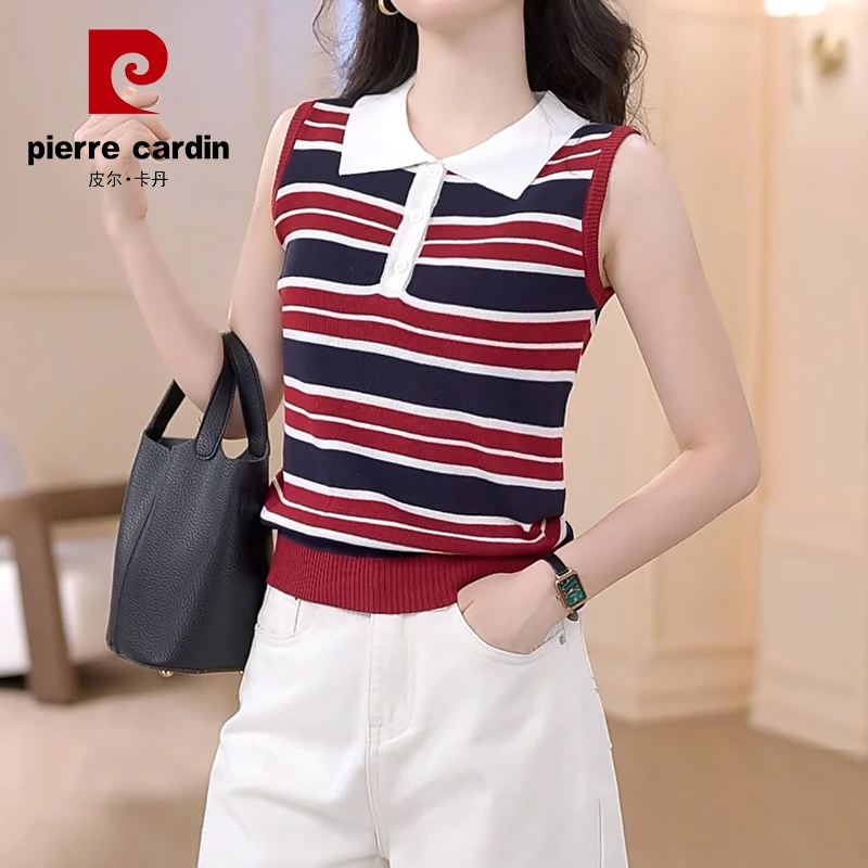 皮尔卡丹 61611#撞色条纹T恤女冰丝无袖polo领针织衫百搭修身背心