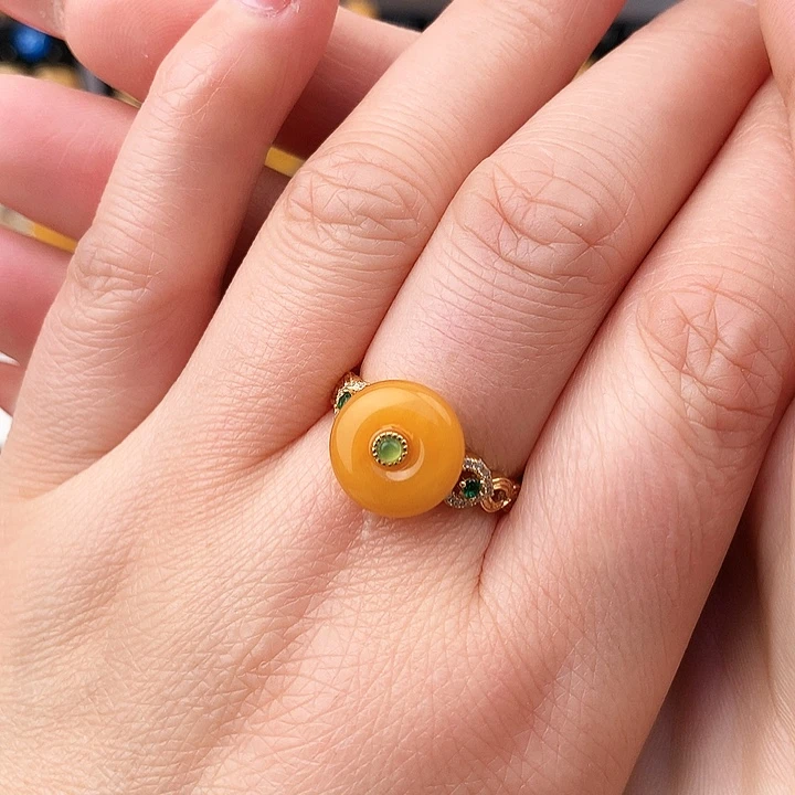 蜜蜡戒指银S925镶嵌戒指