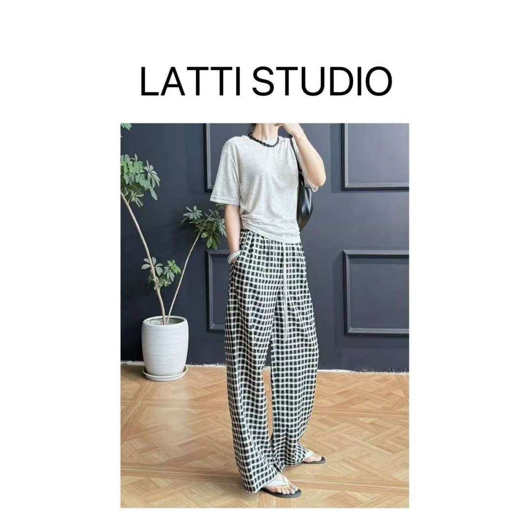 【Latti】格子裤-醋酸色织格纹松紧腰阔腿裤显瘦高腰直筒时尚薄款