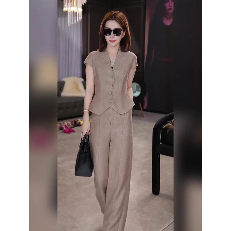 夏季简单大方老钱风女装高端职业套装v领短袖衬衫直筒长裤两件套