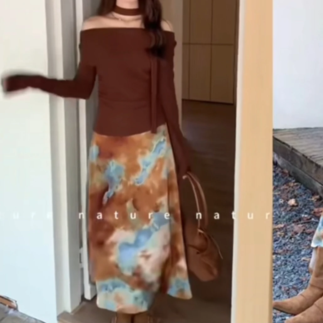 2025秋季新款女气质高级感半身裙新中式晕染渐变半裙露肩上衣