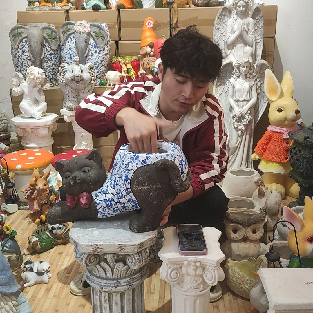 合成树脂青花猫咪花盆