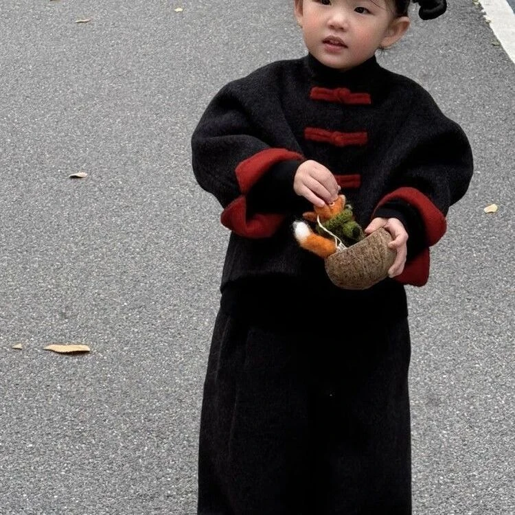 童泰【断码】女童汉服毛呢套装秋冬中大童国风喜庆红色盘扣唐装外套