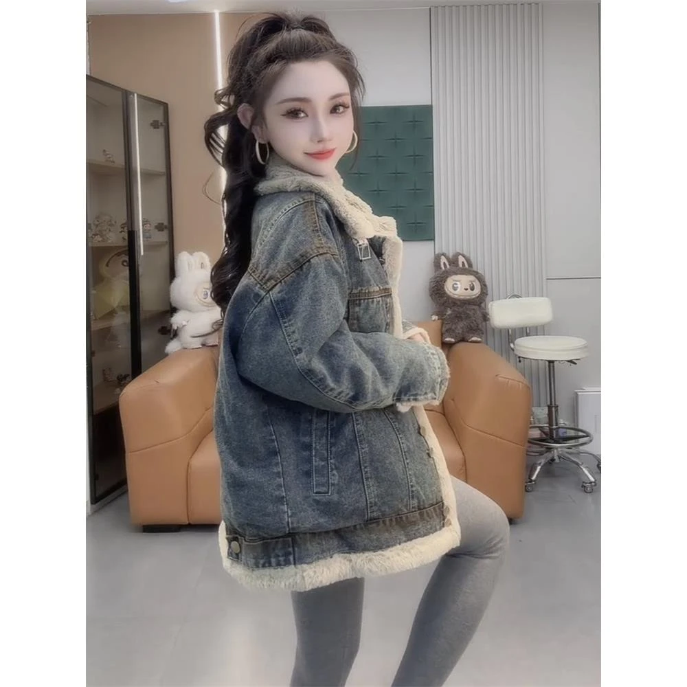 2025秋冬网红新款牛仔派克服女欧货减龄两兜翻领加绒加厚中长外套
