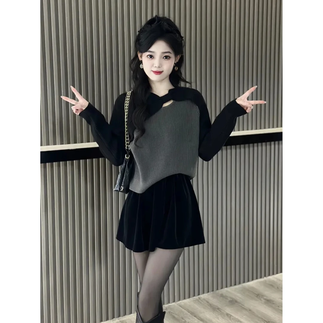 【早秋穿搭】洋气套装韩系假两件撞色镂空针织毛衣丝绒半身裙两件套