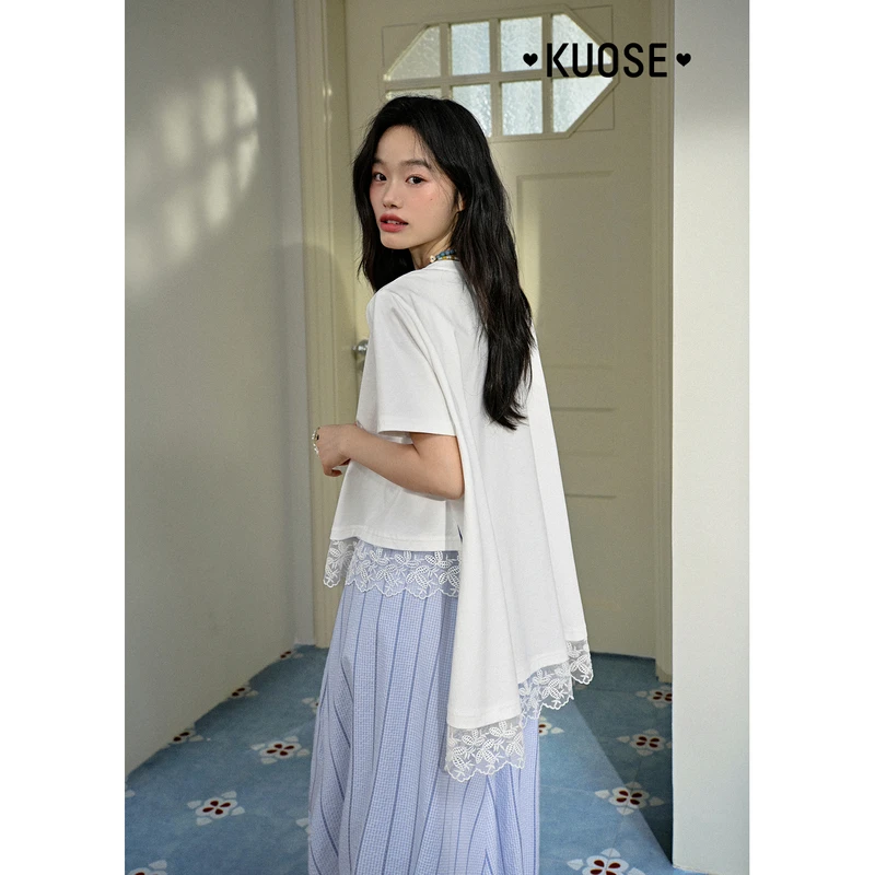 阔色蕾丝花边下摆拼接上衣2025夏新款法式气质短袖T恤KSD2504014