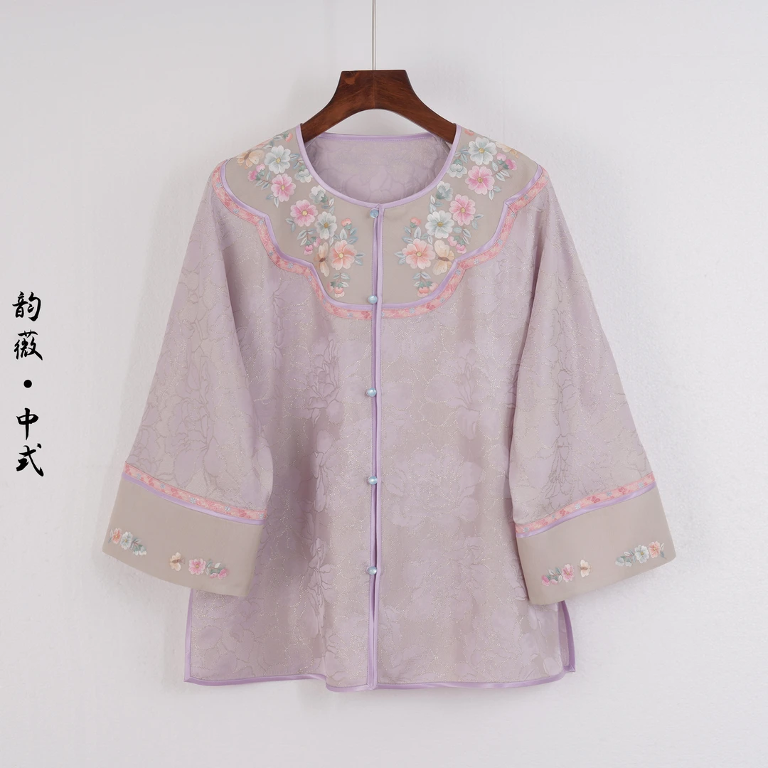 上衣中式日常刺绣薄款圆领中国风复古常规款长袖10046