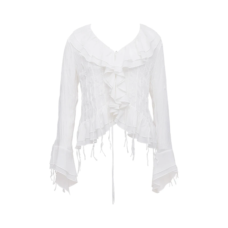 小丽79法式一字肩荷叶边衬衫高级感喇叭袖上衣遮肚子