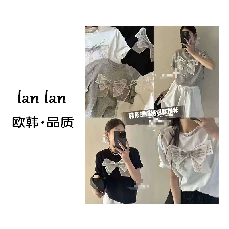 lanlan-春夏上新【大蝴蝶结T恤】韩版小众印花休闲春夏款短袖T宽松