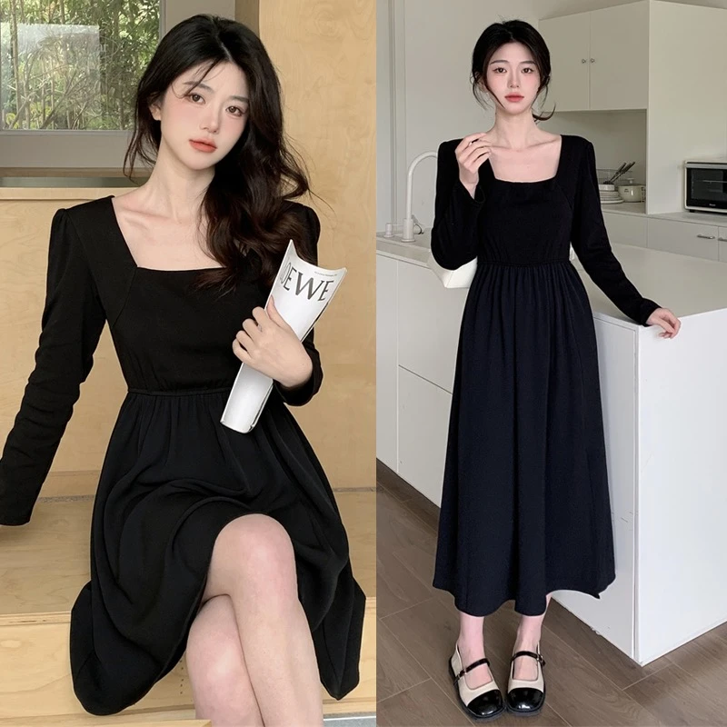 6363-大码女装春季新款显瘦简约长袖开叉连衣裙裙子