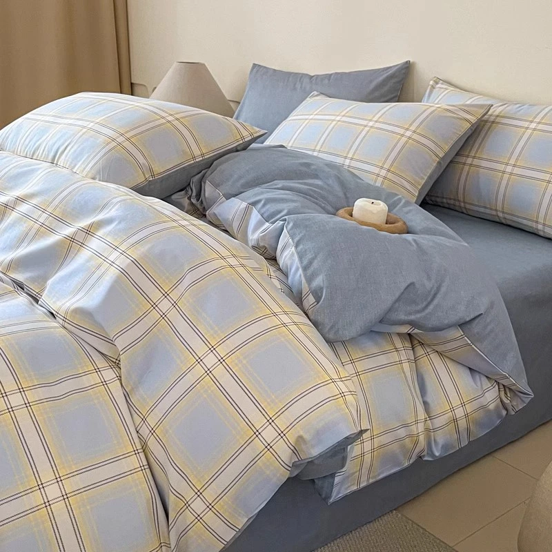简约格纹纯棉床上四件套2025新款100全棉床单被套三件套床笠床品4